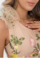 Tiulowa Šaty mini w haftowane kwiaty Grace Bloom béžová