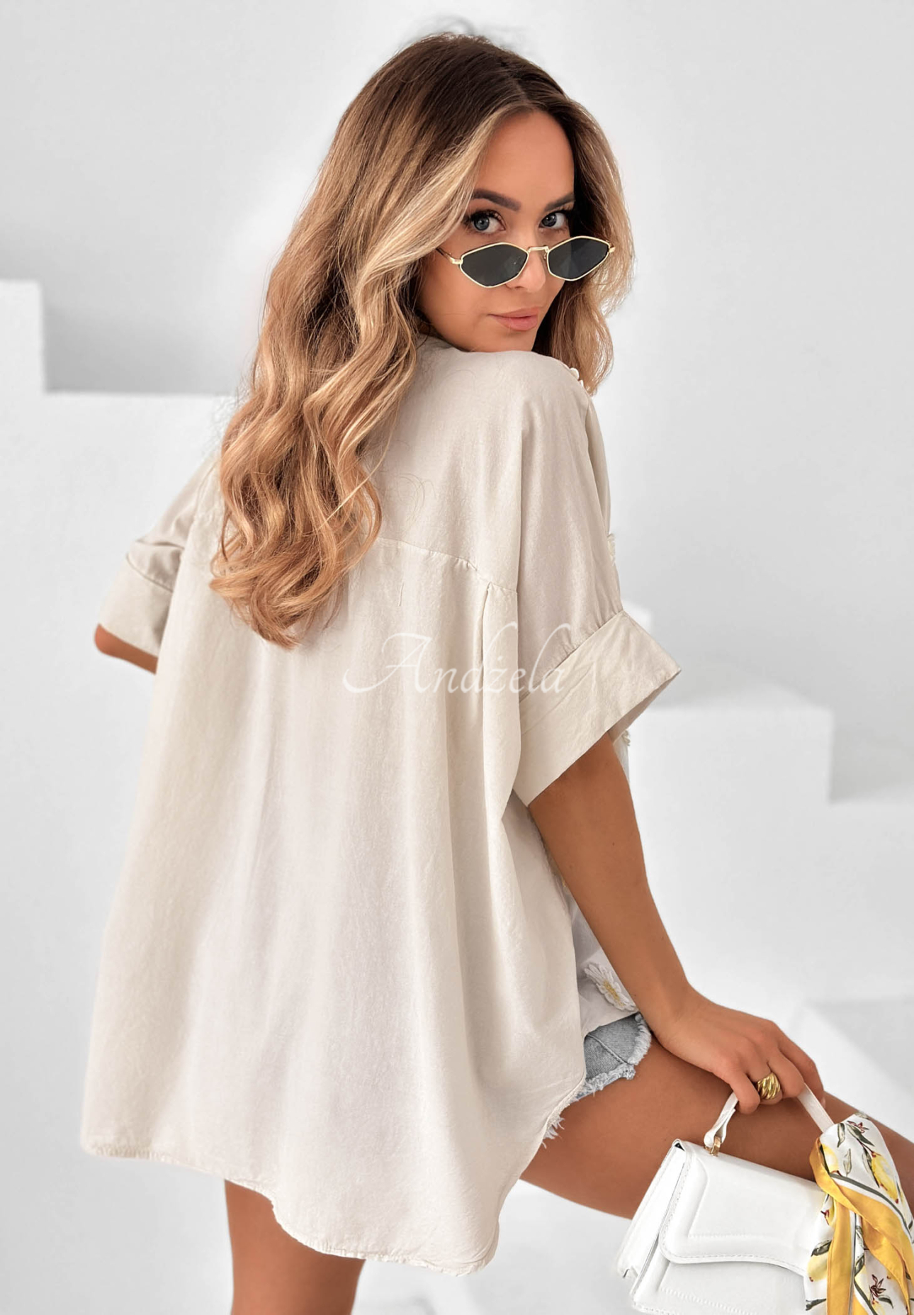 Bavlněná košile s květinovými nášivkami Cute Daisy béžová