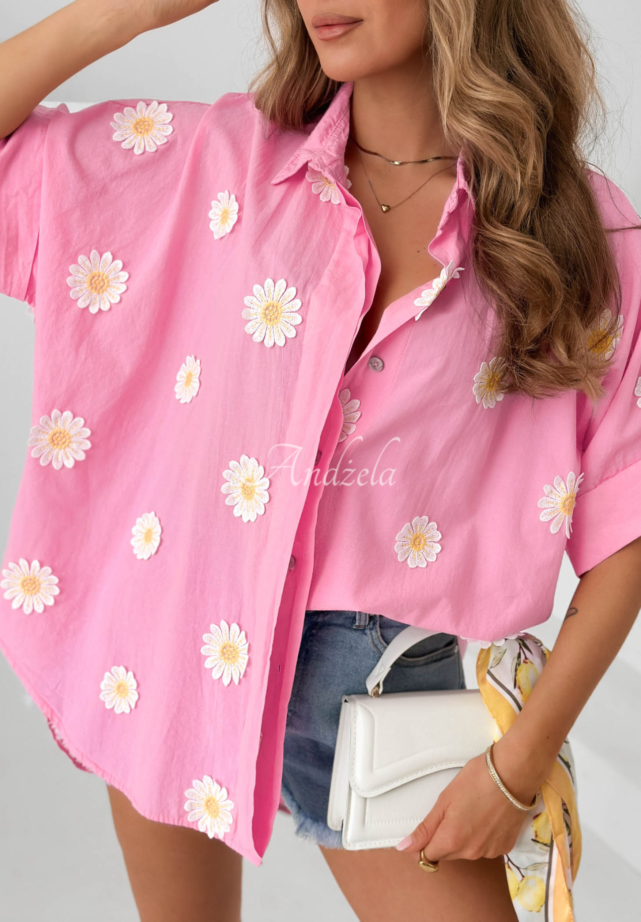 Bavlněná košile s květinovými nášivkami Cute Daisy růžová