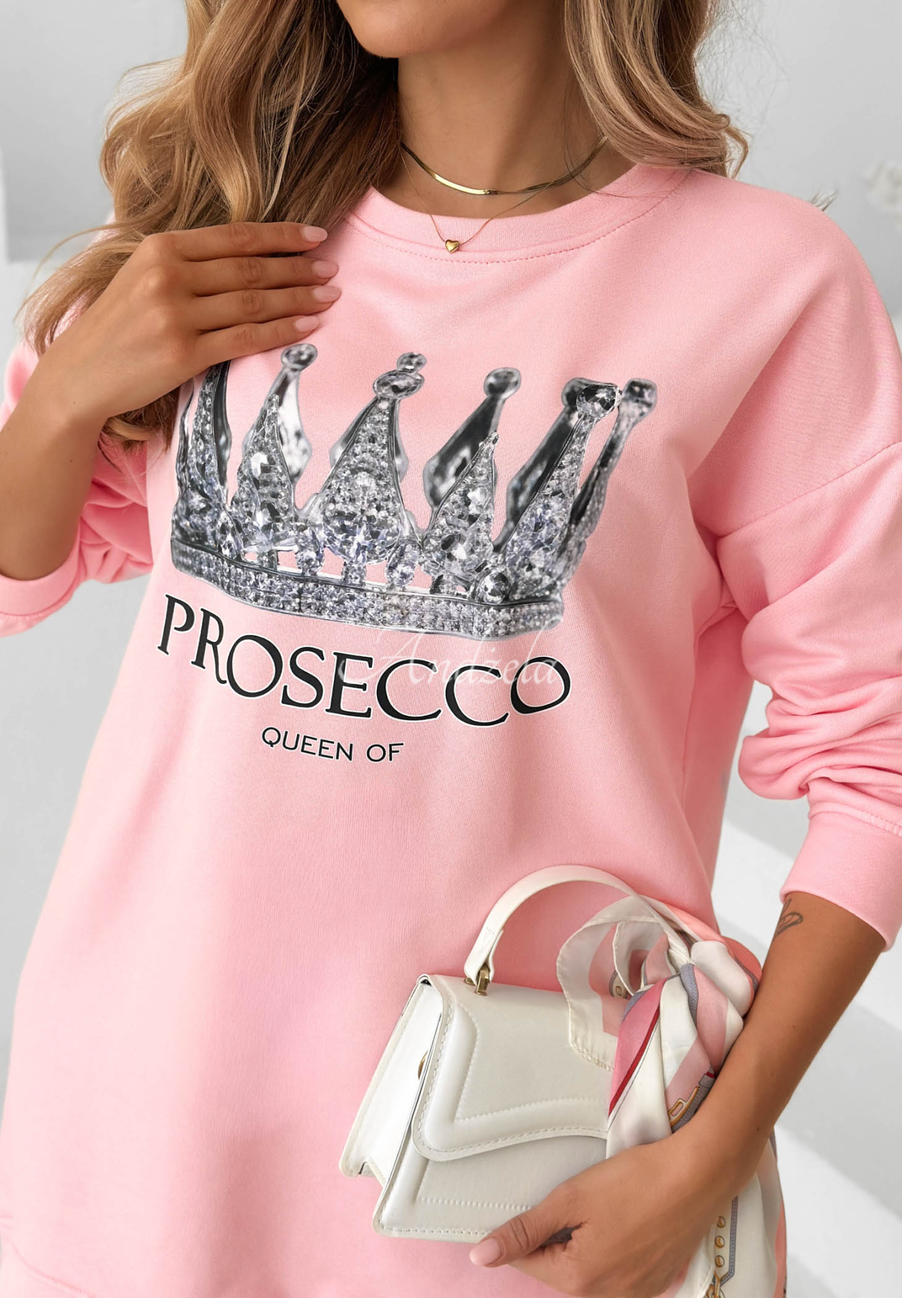 Bavlněné teplákové šaty s potiskem Queen Of Prosecco růžová II