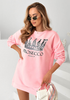 Bavlněné teplákové šaty s potiskem Queen Of Prosecco růžová II