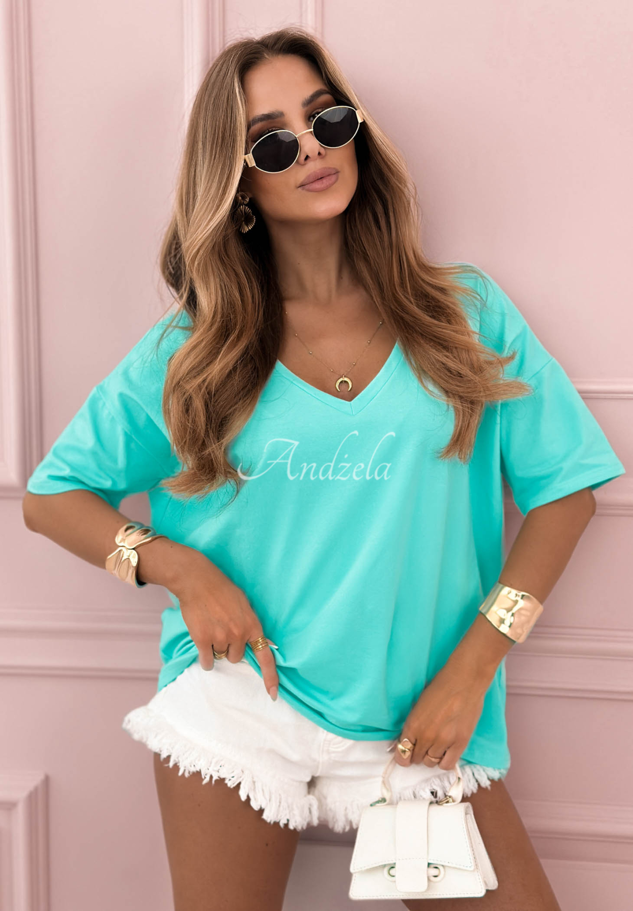 Tričko oversize s véčkovým výstřihem Cascade tyrkysový