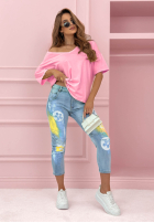 T-shirt oversize z dekoltem w serek Cascade neonowy różowy