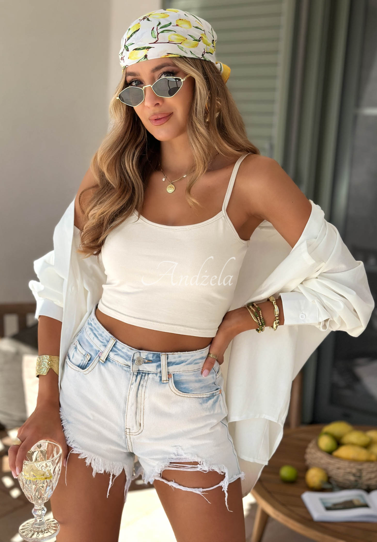 Krátký bavlněný top na ramínkách Viva Oliva béžový