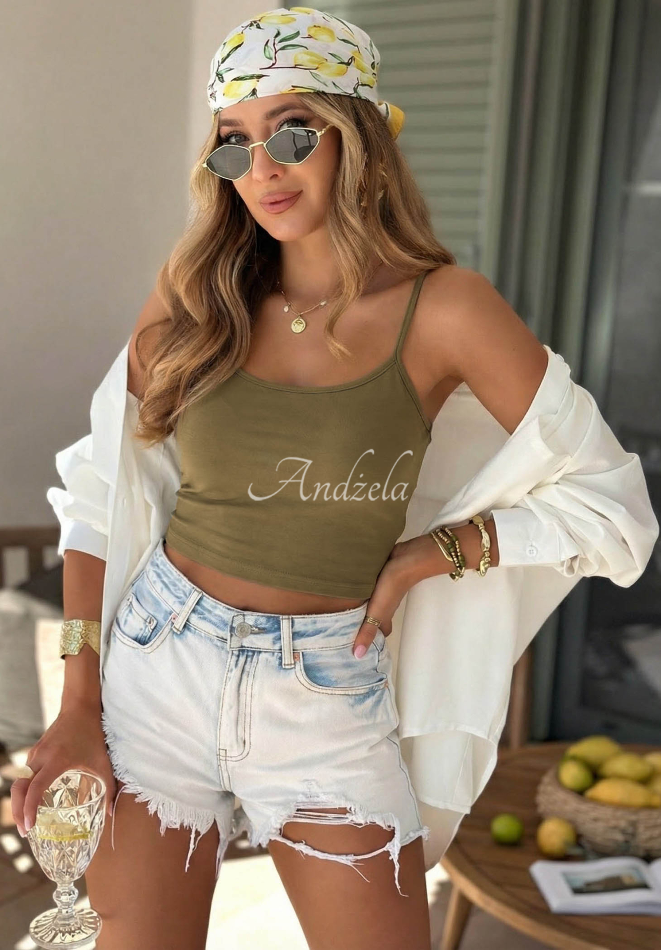 Krátký bavlněný top na ramínkách Viva Oliva olivový