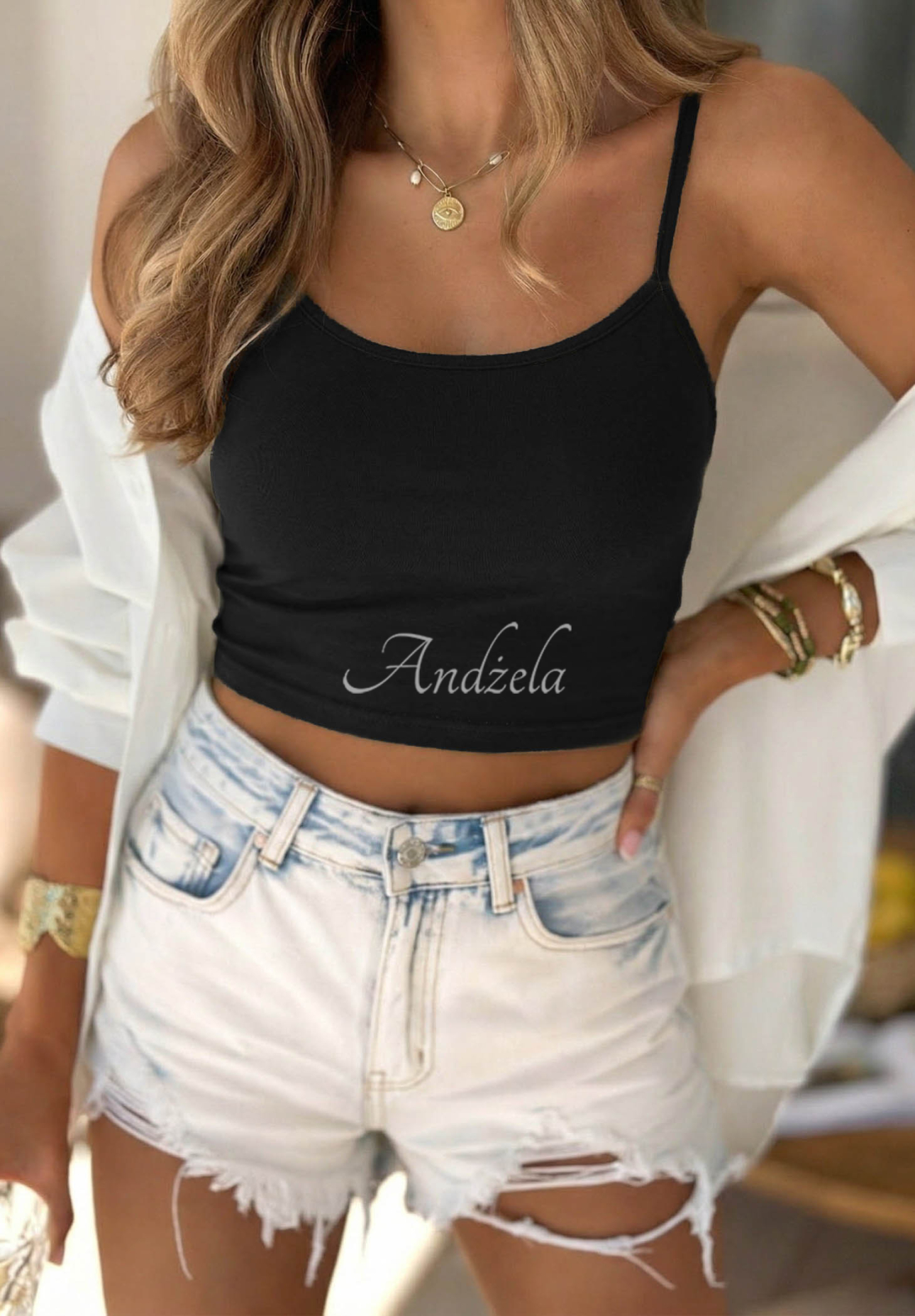 Krátký bavlněný top na ramínkách Viva Oliva Černé