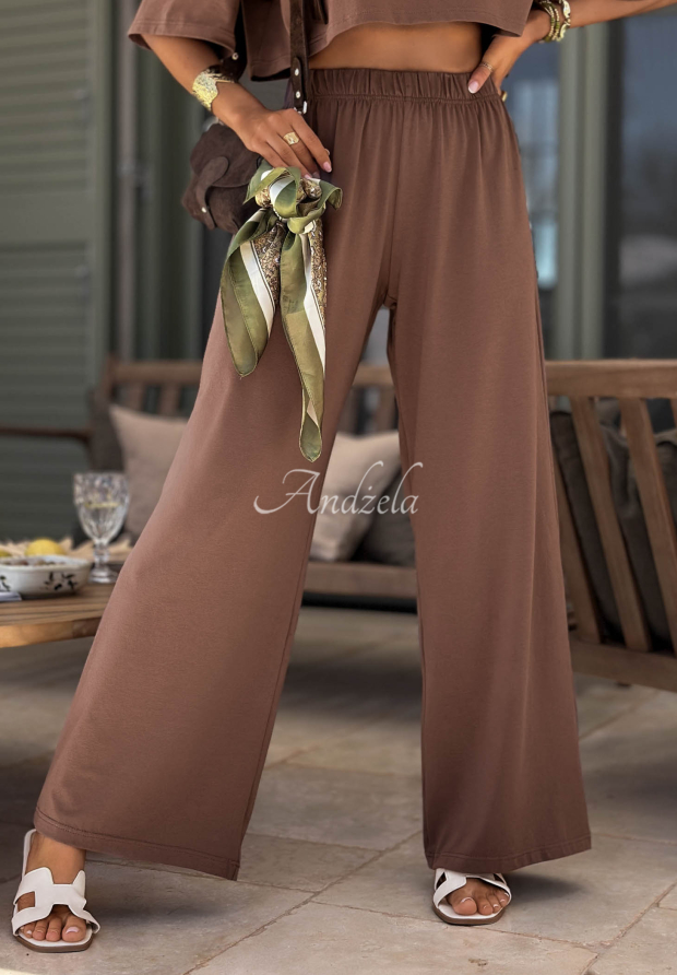Bavlněn&eacute; tepl&aacute;kov&eacute; kalhoty wide leg Viva Oliva čokol&aacute;dov&eacute;