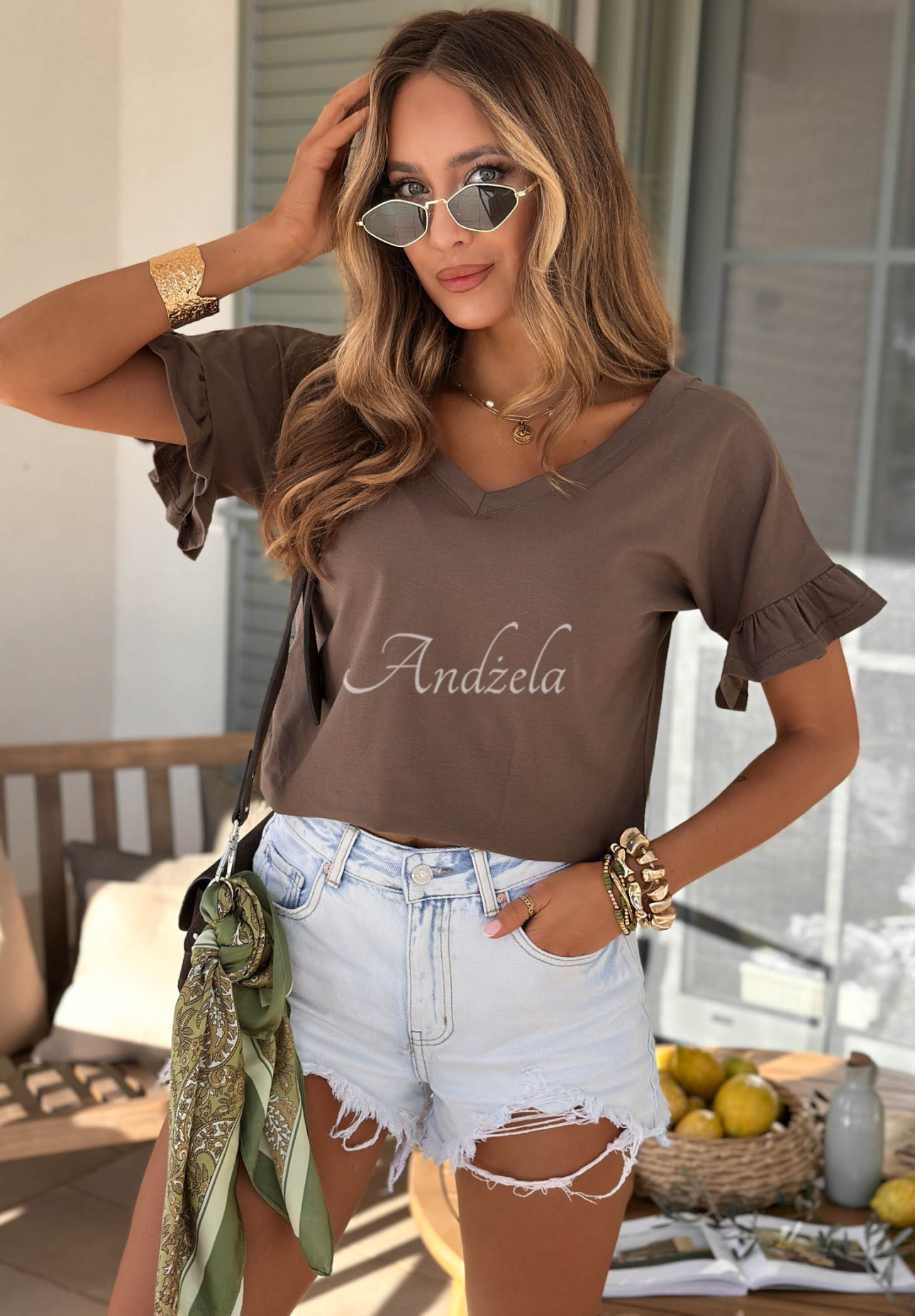 Bavlněné tričko s volánky Ask For More čokoládový