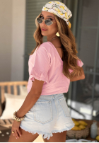 Bawełniany Tričko z falbankami Ask For More pudrová růžová