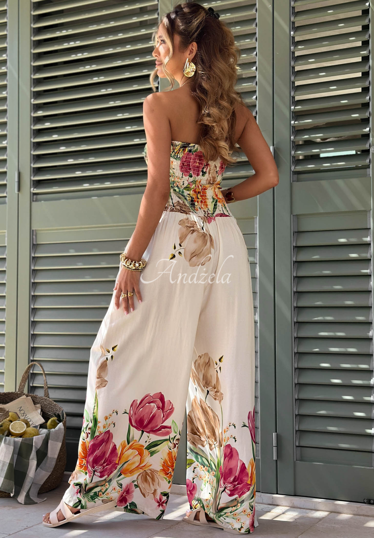 Dlouhý viskózový overal bez ramínek s květinovým vzorem Riviera Blossom světle béžový