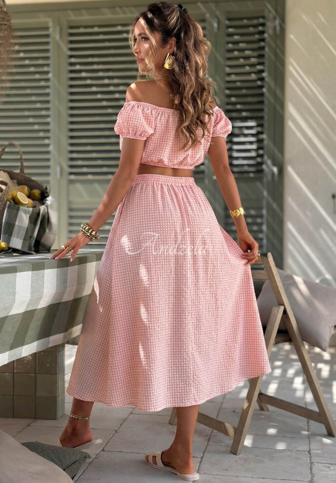 Viskózová souprava španělka a kostkovaná sukně Flamingo Sunset růžový