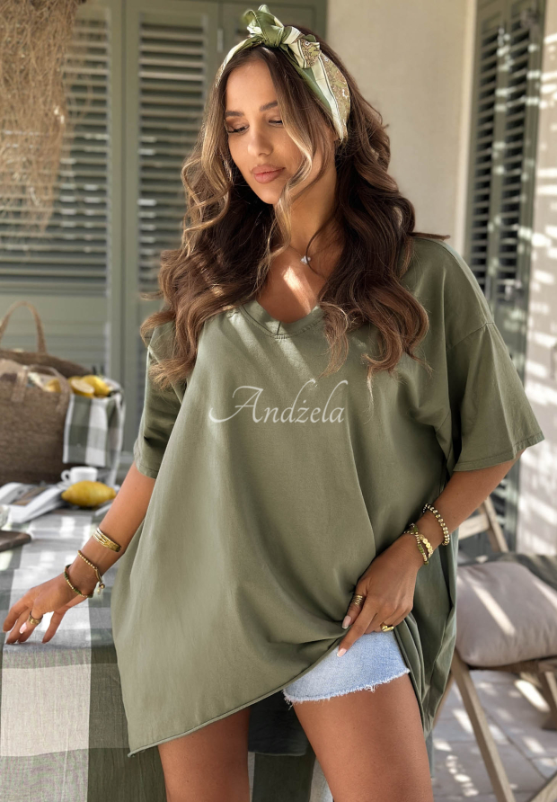Asymetrick&eacute; bavlněn&eacute; tričko oversize Solaviva khaki