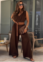 Dlouhý lniany Overal z szerokimi nogawkami i paskiem Tanala khaki