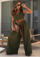 Dlouhý lniany Overal z szerokimi nogawkami i paskiem Tanala khaki