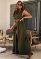 Dlouhý lniany Overal z szerokimi nogawkami i paskiem Tanala khaki