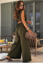 Dlouhý lniany Overal z szerokimi nogawkami i paskiem Tanala khaki