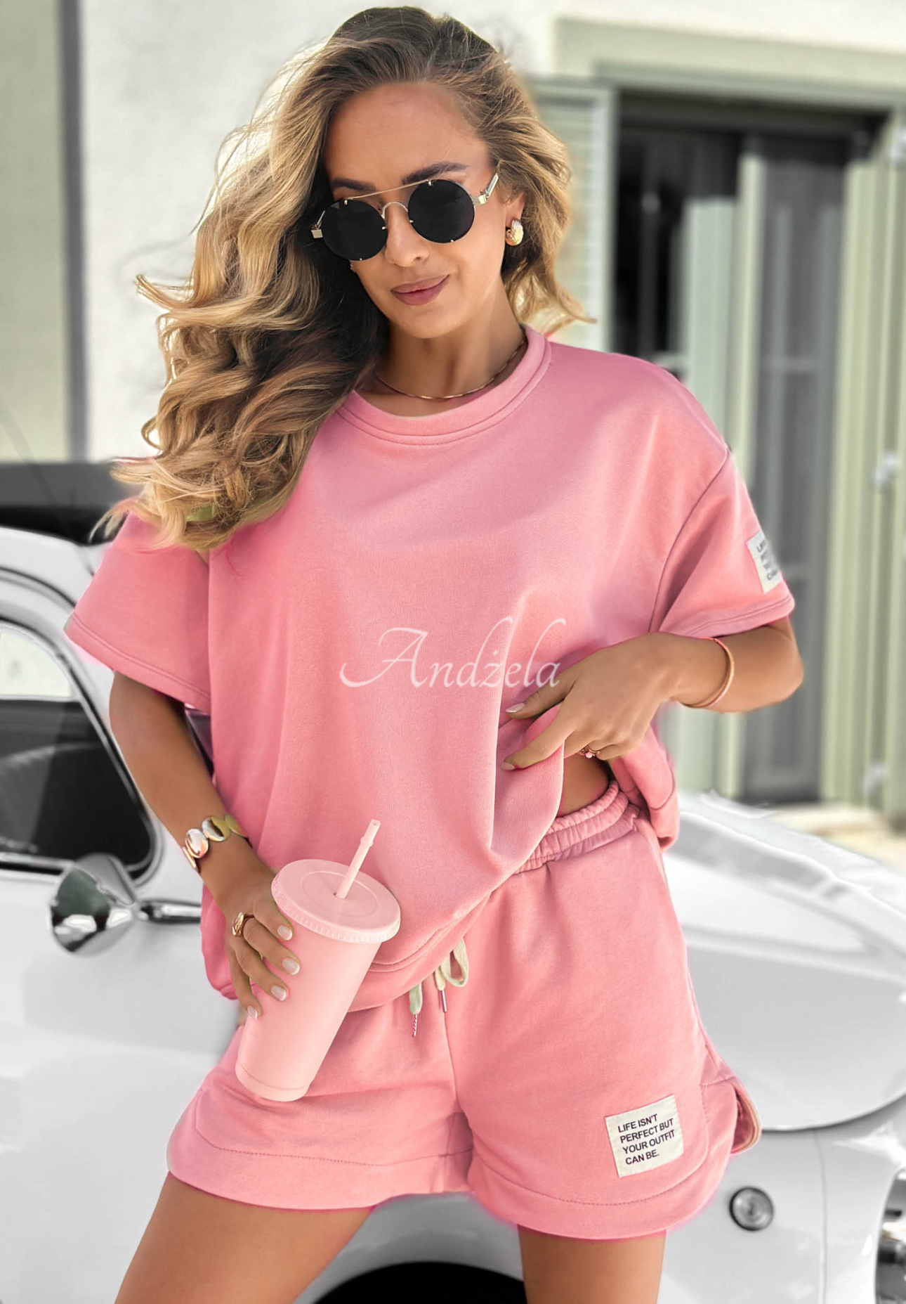 Bavlněná souprava tričko a krátké šortky Sporty Summer pudrová růžová