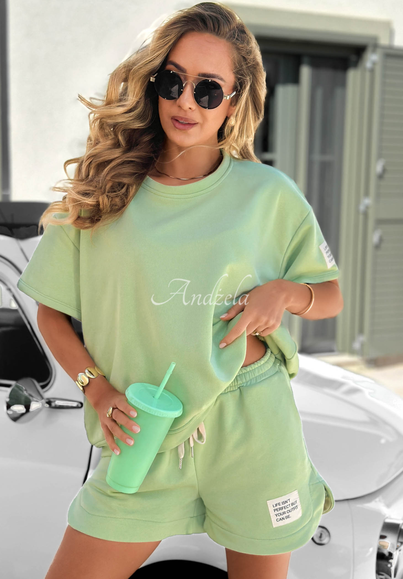 Bavlněná souprava tričko a krátké šortky Sporty Summer pistáciový