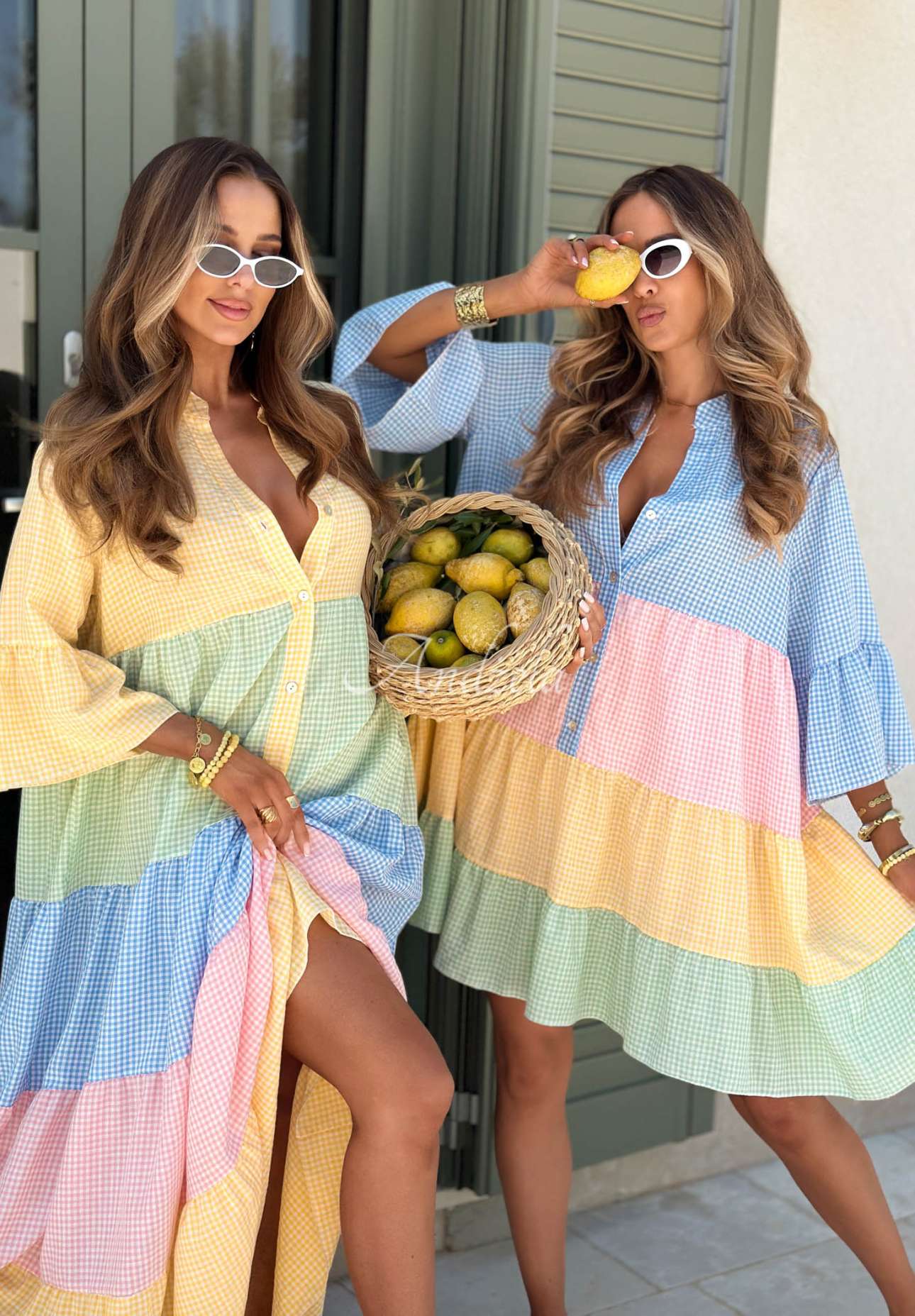 Viskózové rozšířené mini šaty káro Ocean Sunset světle modro-růžové