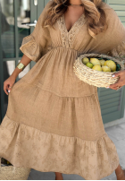 Šaty maxi z ażurowymia akcentami boho Tuscan Sunshine velbloudí