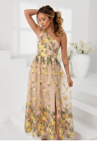 Tiulowa Šaty maxi na jedno ramię z haftowanymi kwiatami Miss Fiori béžová