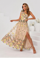 Tiulowa Šaty maxi na jedno ramię z haftowanymi kwiatami Miss Fiori béžová