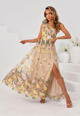 Tylov&eacute; maxi &scaron;aty s vy&scaron;&iacute;van&yacute;mi květy Fairy Bloom b&eacute;žovo-žlut&aacute;