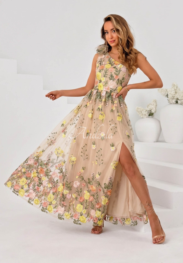 Tylov&eacute; maxi &scaron;aty s vy&scaron;&iacute;van&yacute;mi květy Fairy Bloom b&eacute;žovo-žlut&aacute;