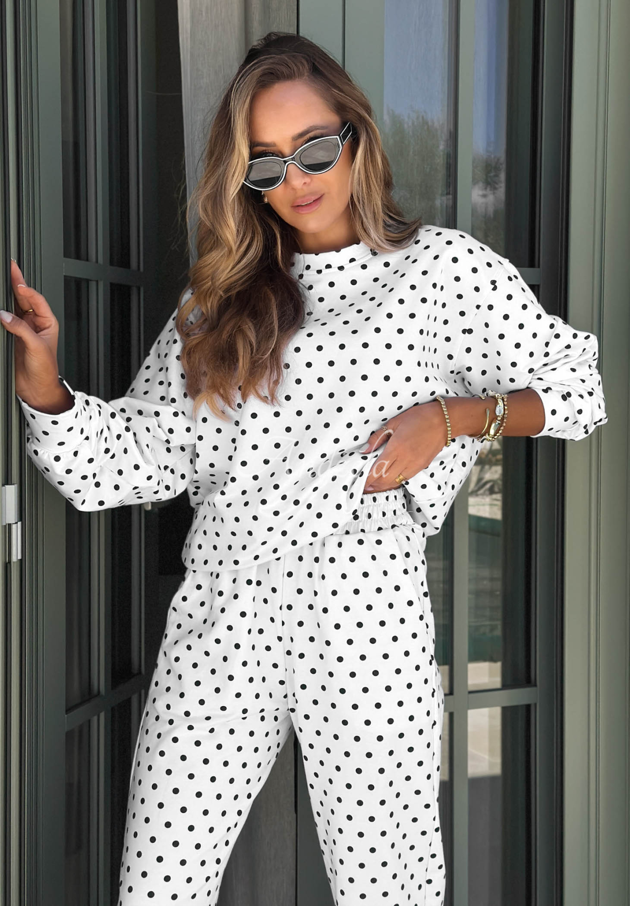 Bavlněná puntíkovaná tepláková souprava mikina a kalhoty Dolce Dots Bílá