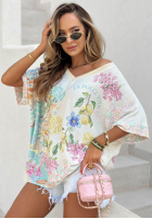 Wzorzysta Halenka oversize z dekoltem Dolce Capri ecru