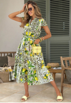 Wzorzysta Šaty midi z paskiem w cytrynki Fresh Lemonade biało-zelená