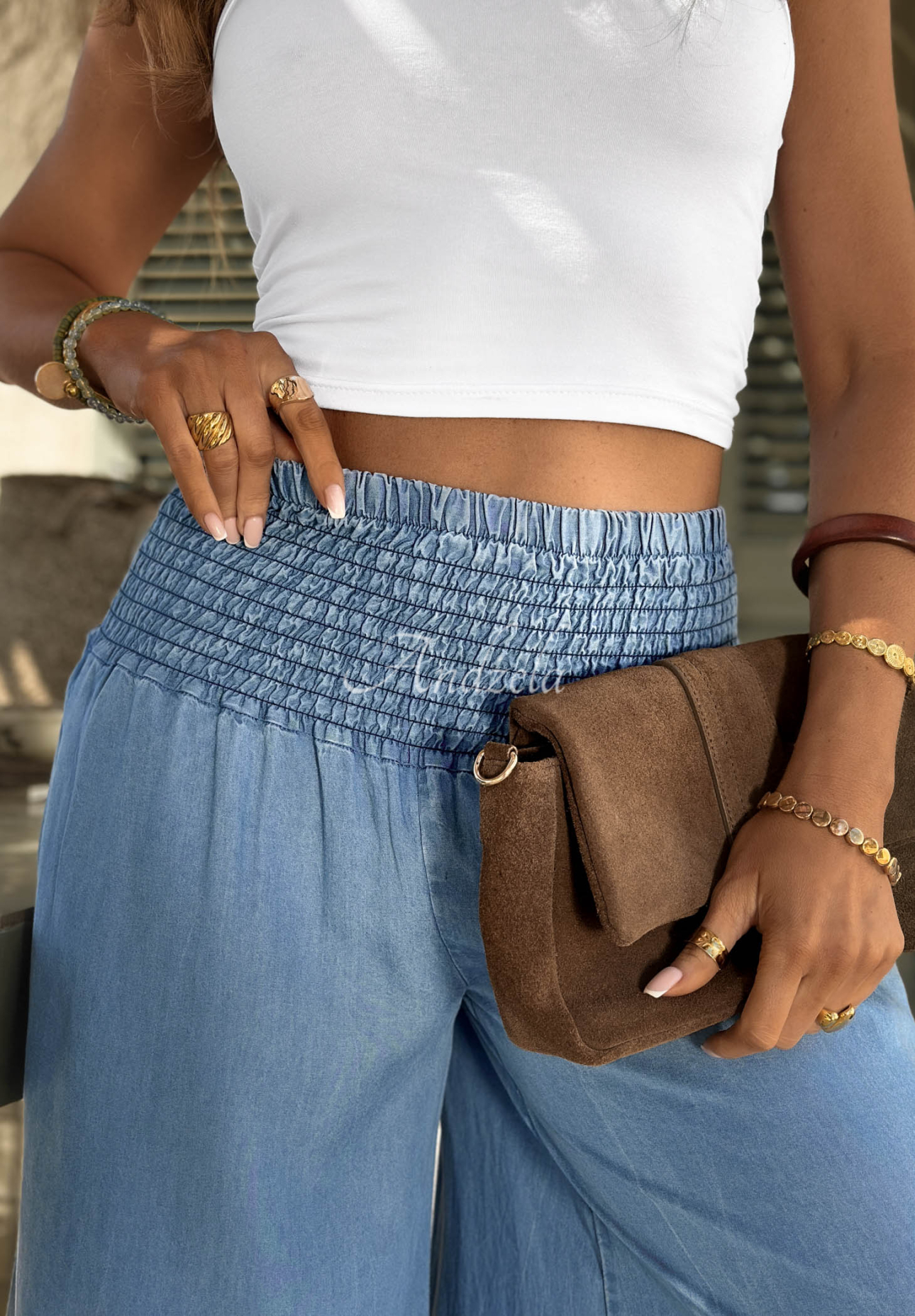 Látkové kalhoty s gumou v pase z lyocellu Italian Sky modré