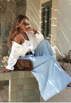 materiálové Kalhoty w paski Sunshine Story blankytné