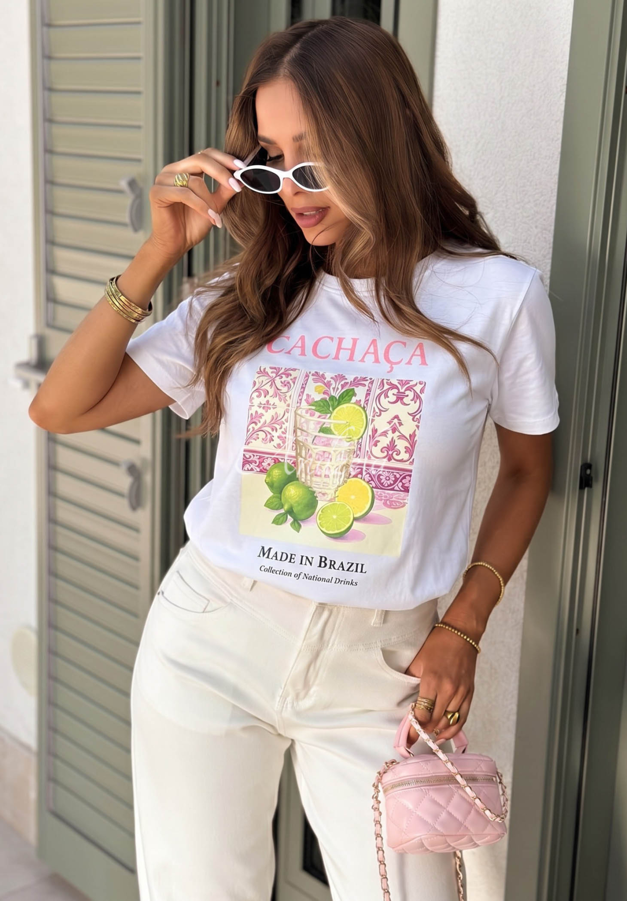 Bavlněné tričko s potiskem Cachaca Lemon bílo-růžový