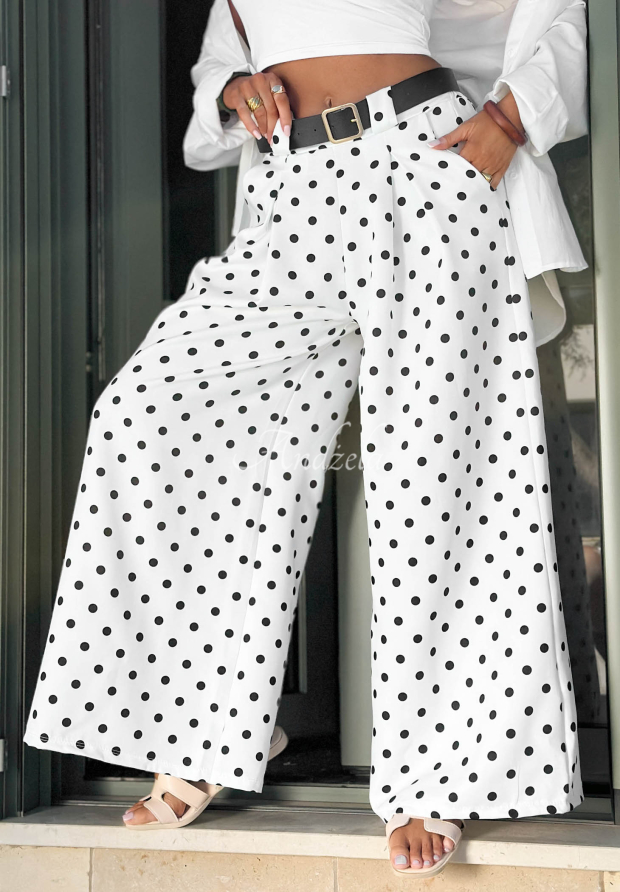 L&aacute;tkov&eacute; punt&iacute;kovan&eacute; kalhoty wide leg Amore Dots b&iacute;l&eacute;