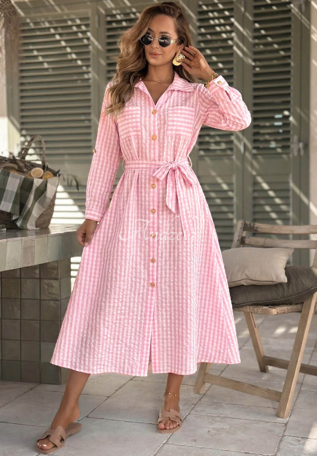 Košilové maxi šaty v károvaném vzoru Spring Velvet Air pudrová růžová