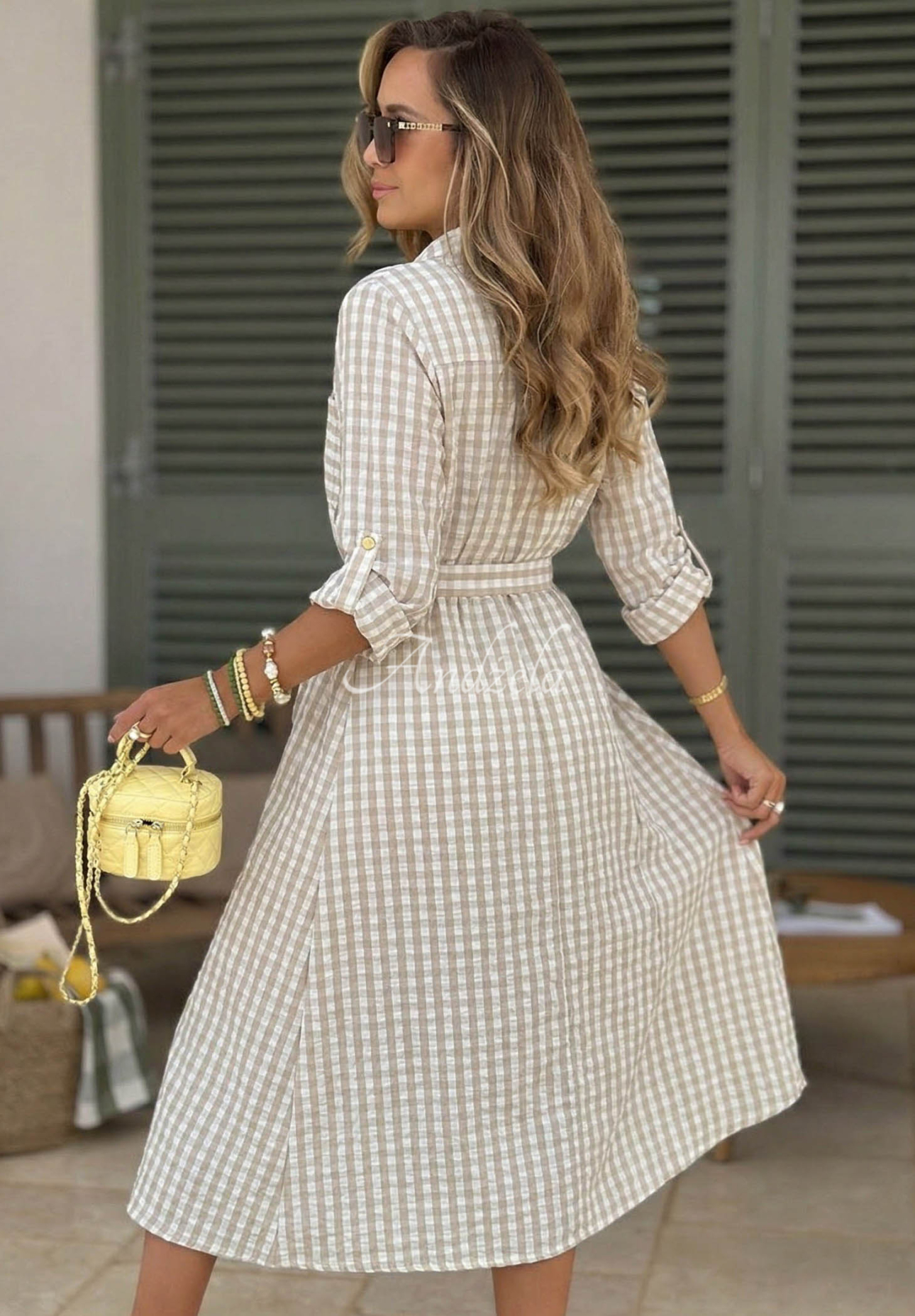 Košilové maxi šaty v károvaném vzoru Spring Velvet Air béžová