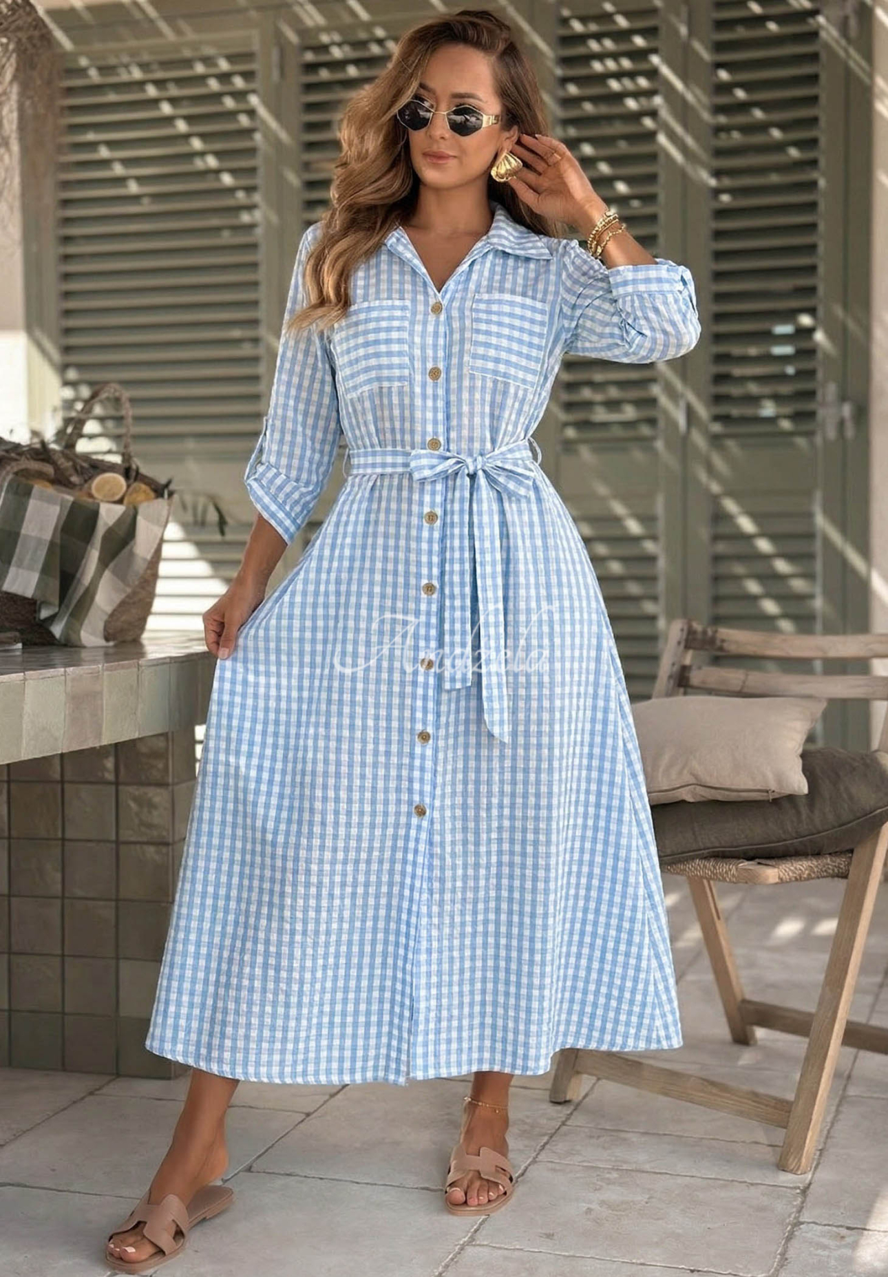 Košilové maxi šaty v károvaném vzoru Spring Velvet Air blankytná