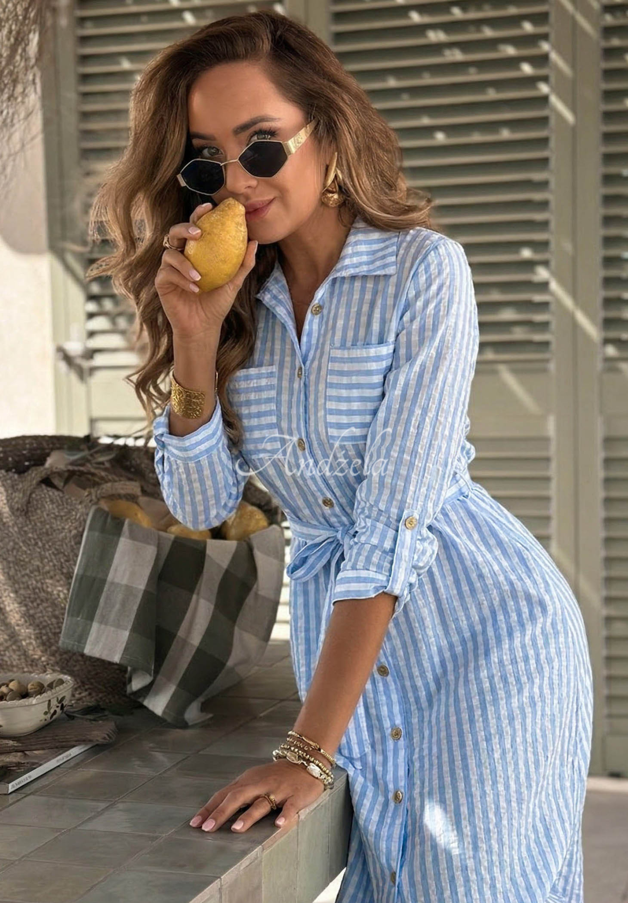 Košilové maxi šaty v károvaném vzoru Spring Velvet Air blankytná