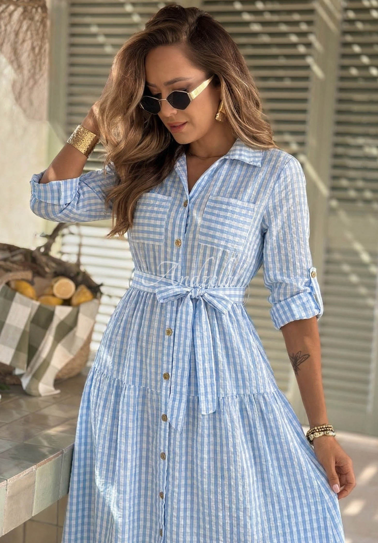 Košilové maxi šaty v károvaném vzoru Spring Velvet Air blankytná