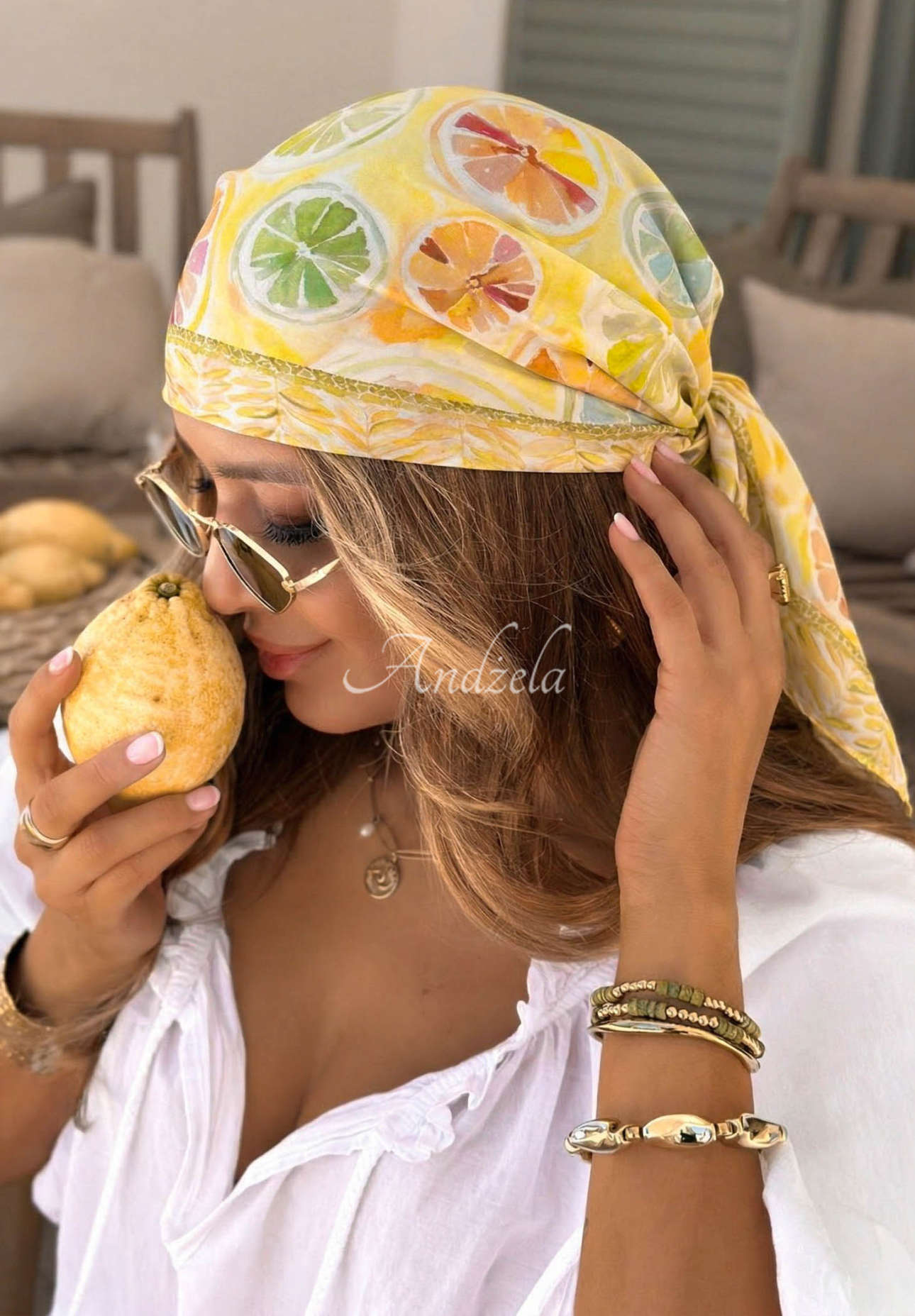 Viskózový vzorovaný šátek s citrony Lemon Vibe žlutá