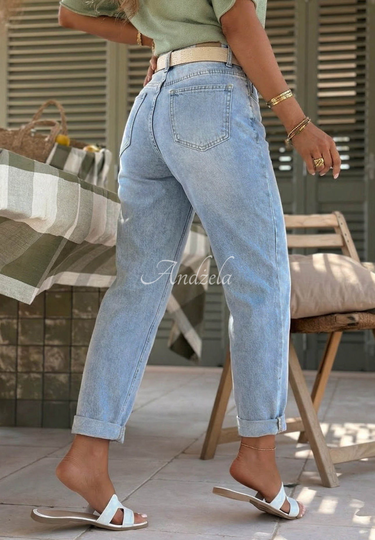 Džíny mom fit s páskem Look Around modré