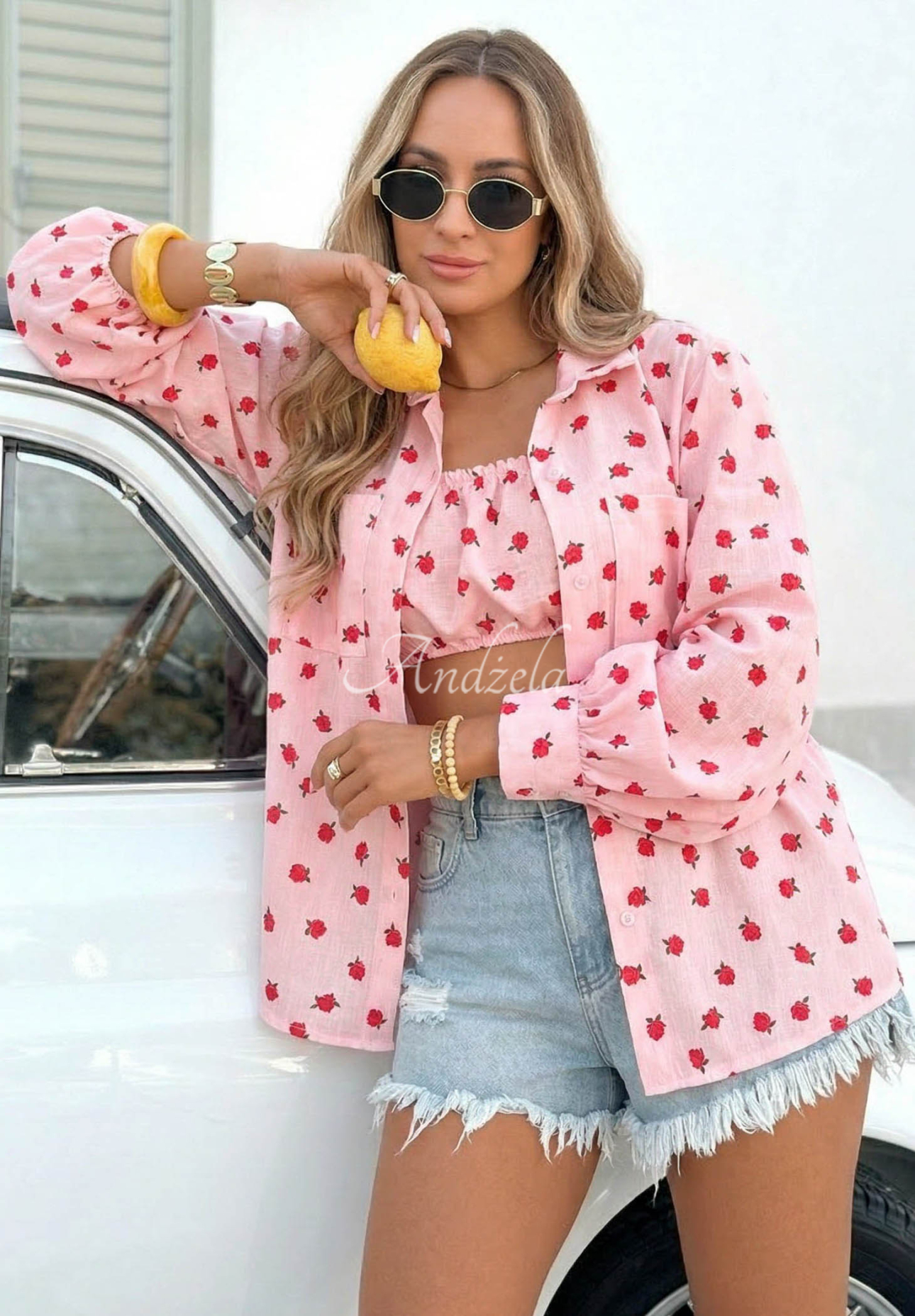 Bavlněná souprava košile a top v růžích Velvet Rose pudrová růžová