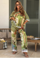 Satynowy Souprava Halenka i Kalhoty wide leg vzorované Solene pistáciový