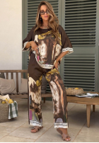 Satynowy Souprava Halenka i Kalhoty wide leg vzorované Solene pistáciový