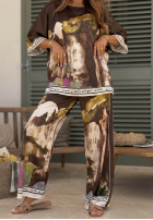 Satynowy Souprava Halenka i Kalhoty wide leg vzorované Solene pistáciový