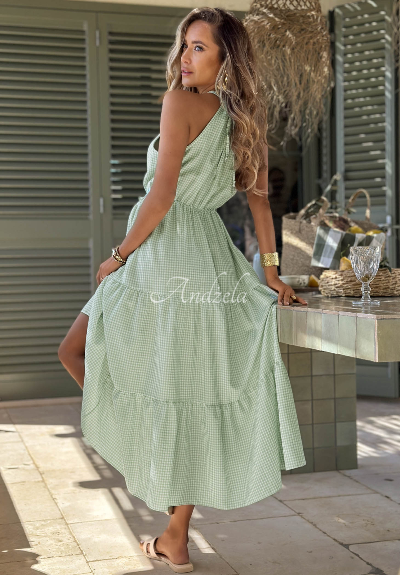 Vzdušné šaty na ramínka káro s viskózou Summer Sorbet pistáciová