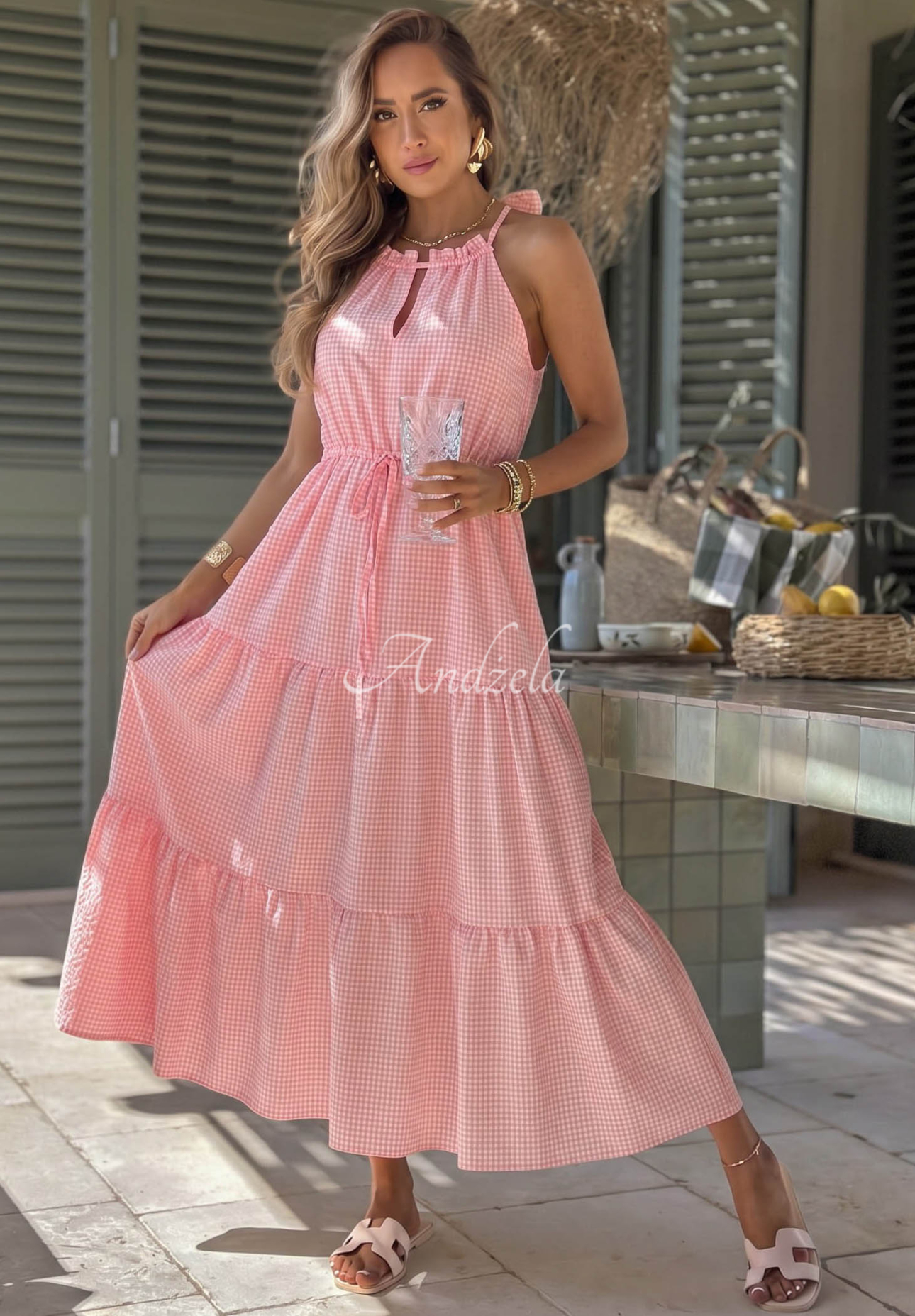 Vzdušné šaty na ramínka káro s viskózou Summer Sorbet růžová