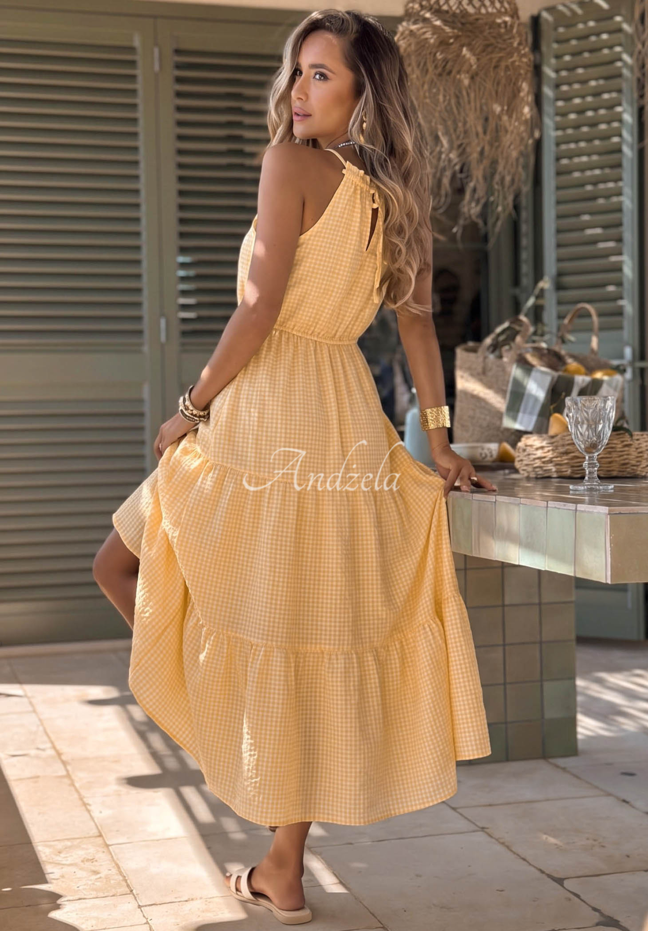 Vzdušné šaty na ramínka káro s viskózou Summer Sorbet žlutá