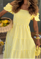 Šaty midi z bufkami w kratkę Papaya růžová